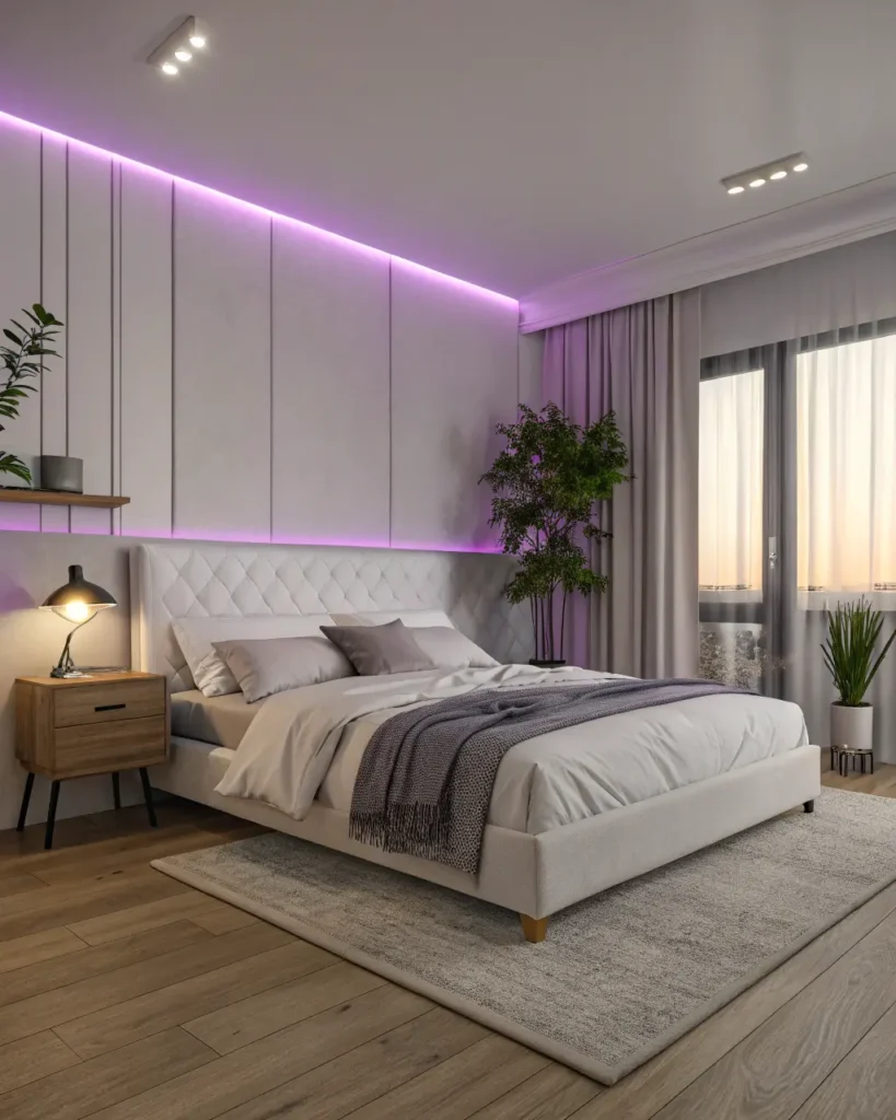Cozy aesthetic bedroom with purple lights, collage wall and minimal furniture