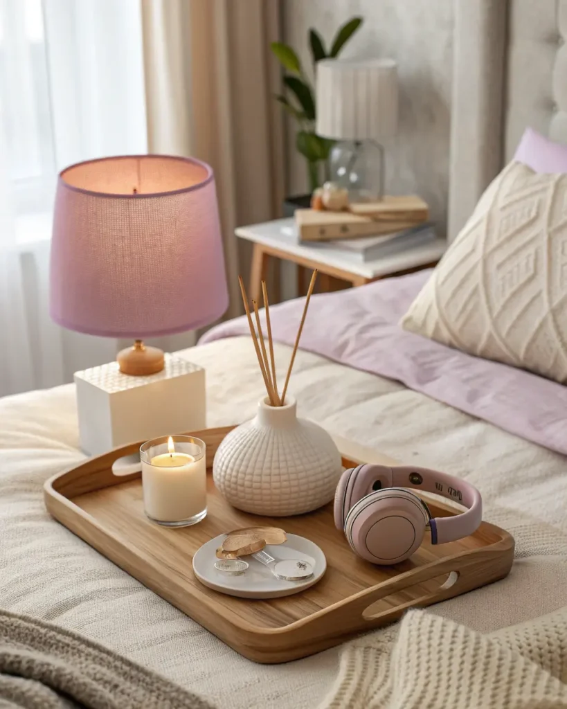 Bedside tray with scented candle and headphones paired with soft purple ambient light