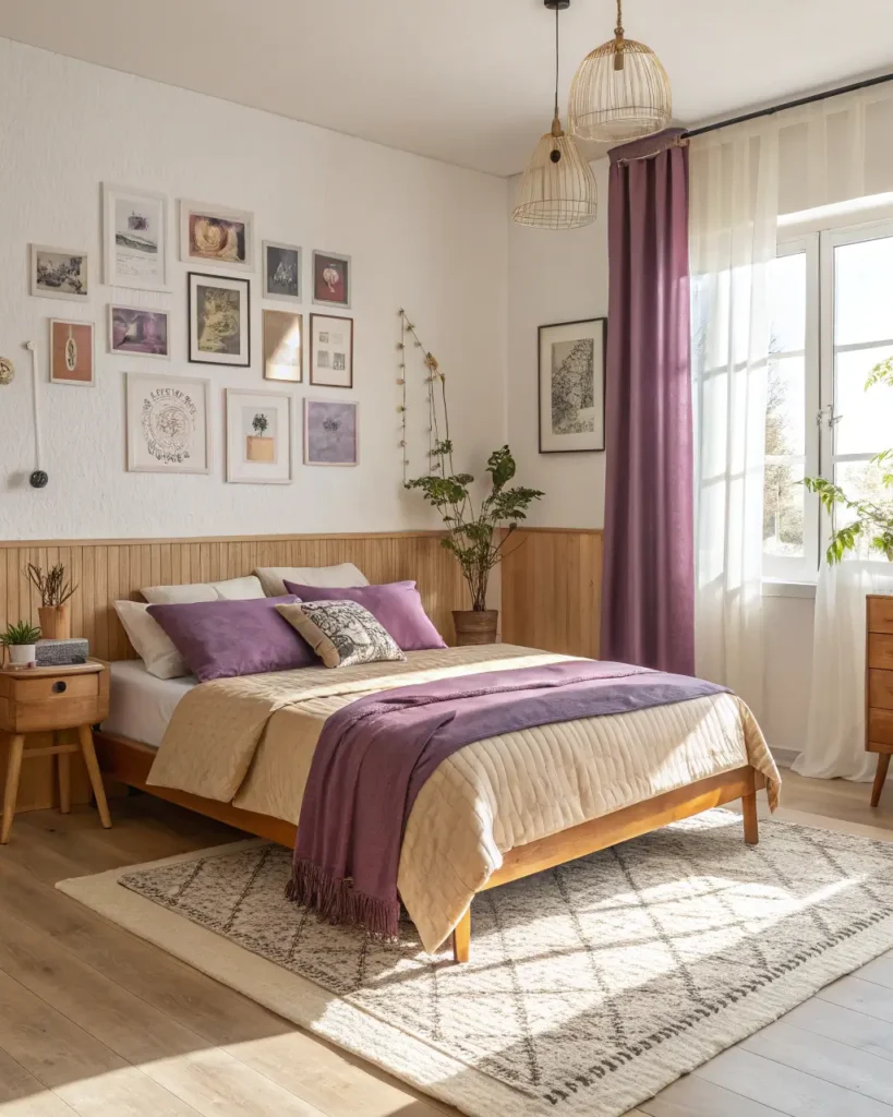 Warm neutral linens and wooden accents balanced with gentle purple lighting