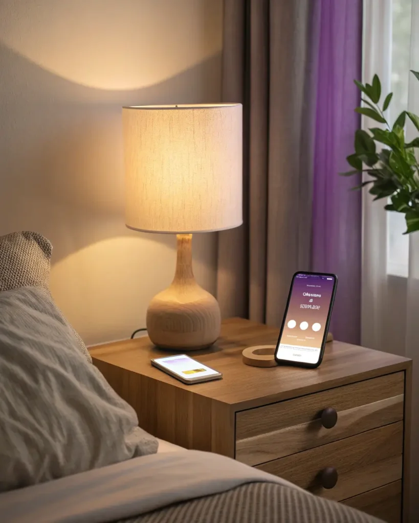 Dimmable bedside lamp, blackout curtain and soft purple ambient glow for bedtime