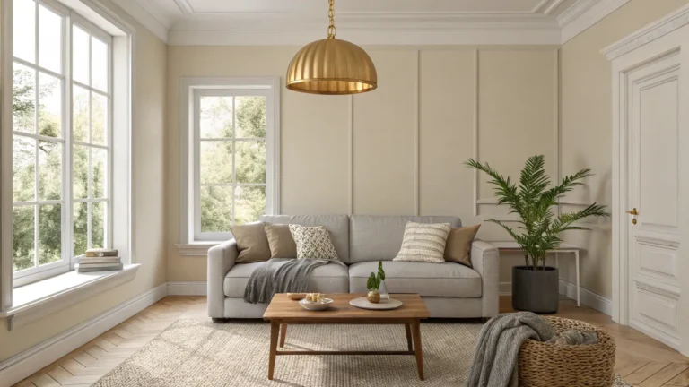 Cozy Minimal Living Room with Soft Neutrals and Gold Pendant, Serene Living Space