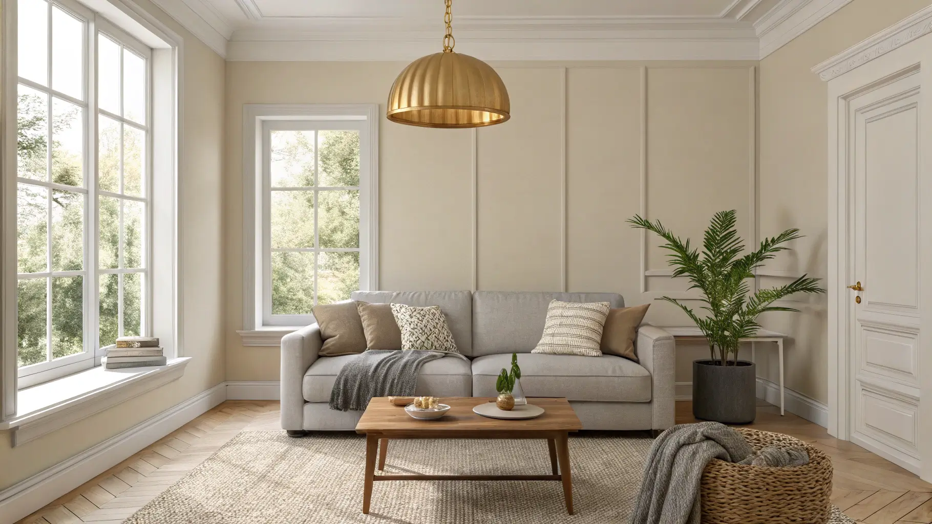 Cozy Minimal Living Room with Soft Neutrals and Gold Pendant, Serene Living Space