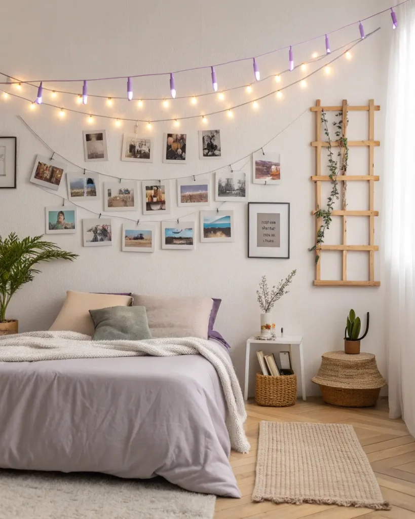 Curated collage wall of photos and prints above a minimal bed with soft throws
