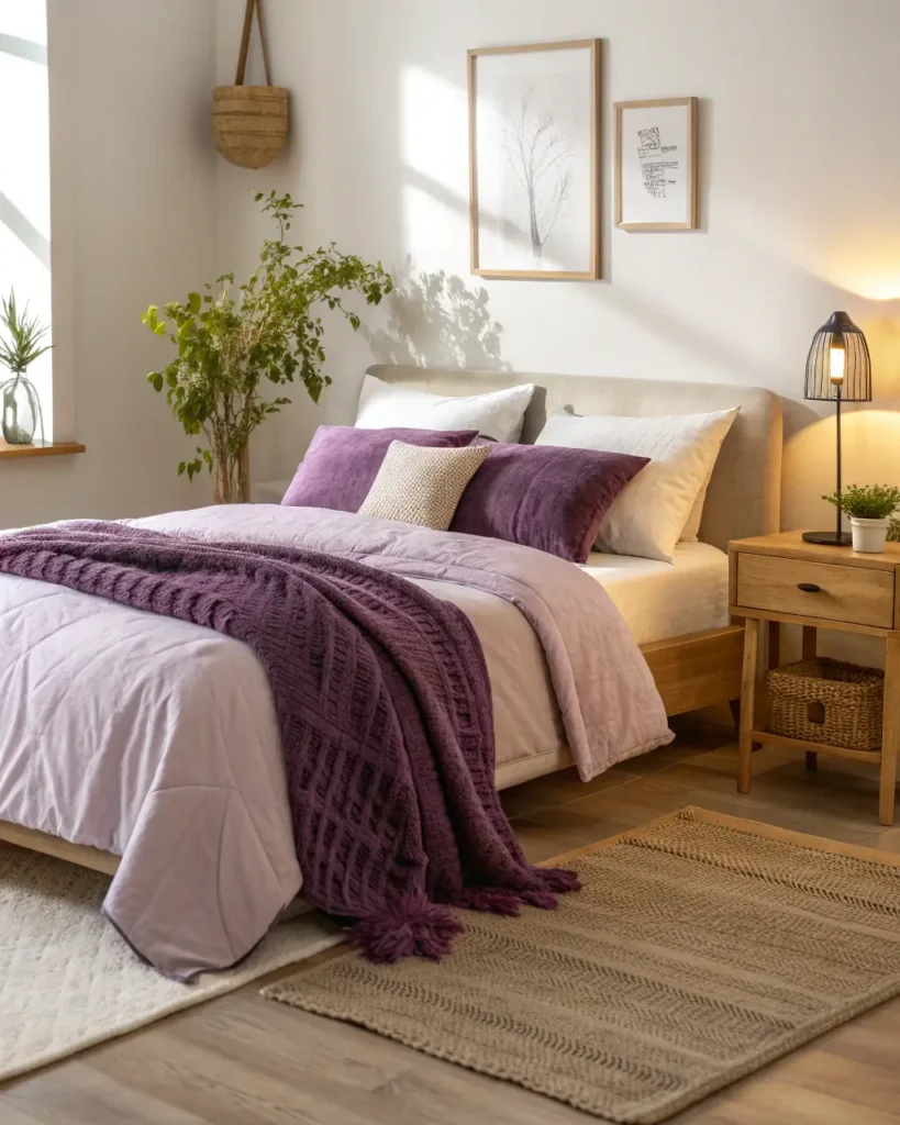 elvet cushion, linen sheets and chunky knit throw catching a soft purple glow