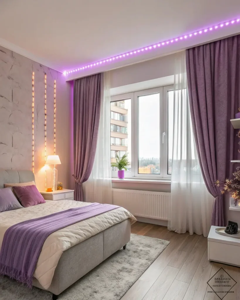 Purple LED strip tucked behind shelving and window recess for subtle accent light