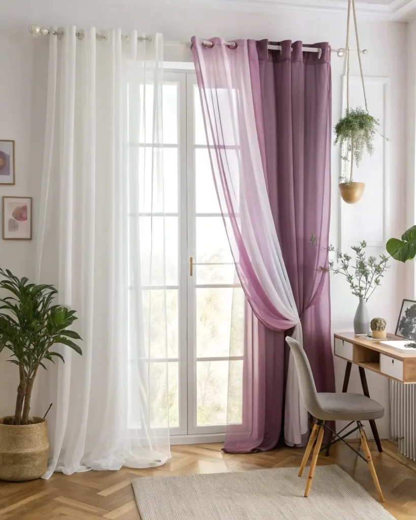Layered sheer and blackout curtains with purple accent lighting in a bedroom