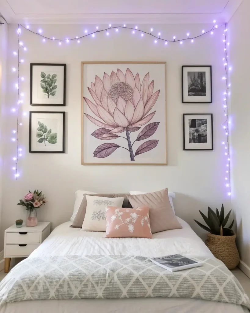 Botanical print and black-and-white photos arranged to complement purple lighting