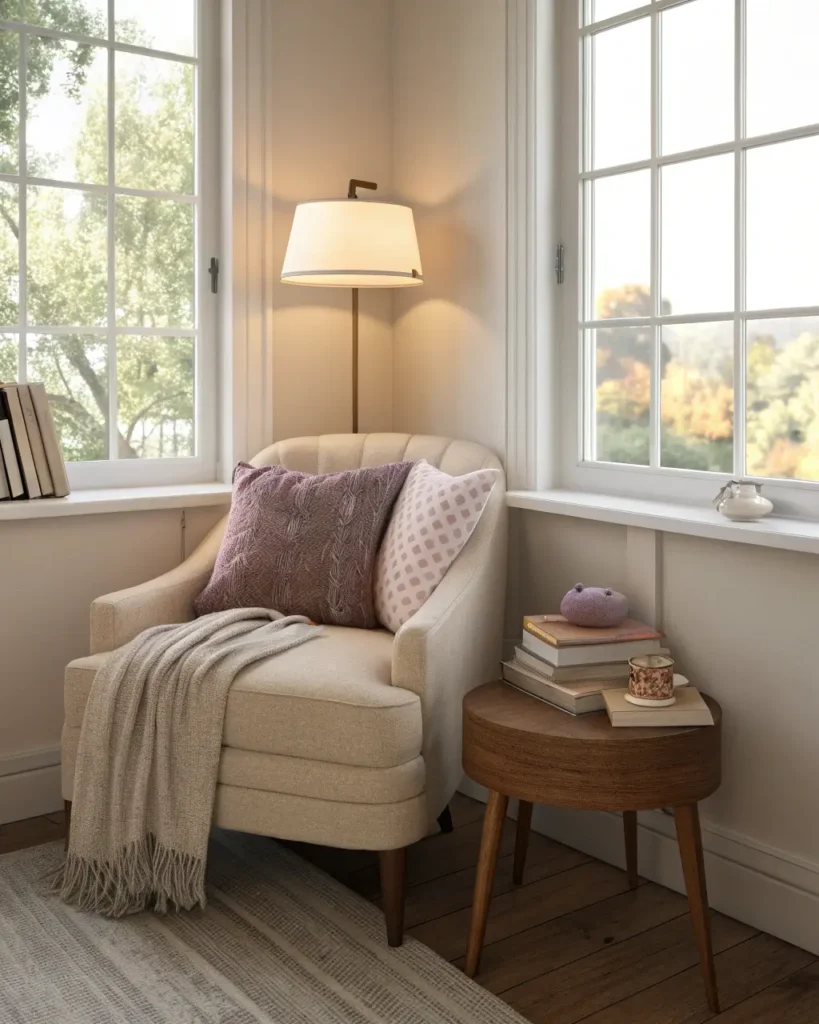 Small reading nook with comfy chair, warm reading lamp and subtle purple accent light