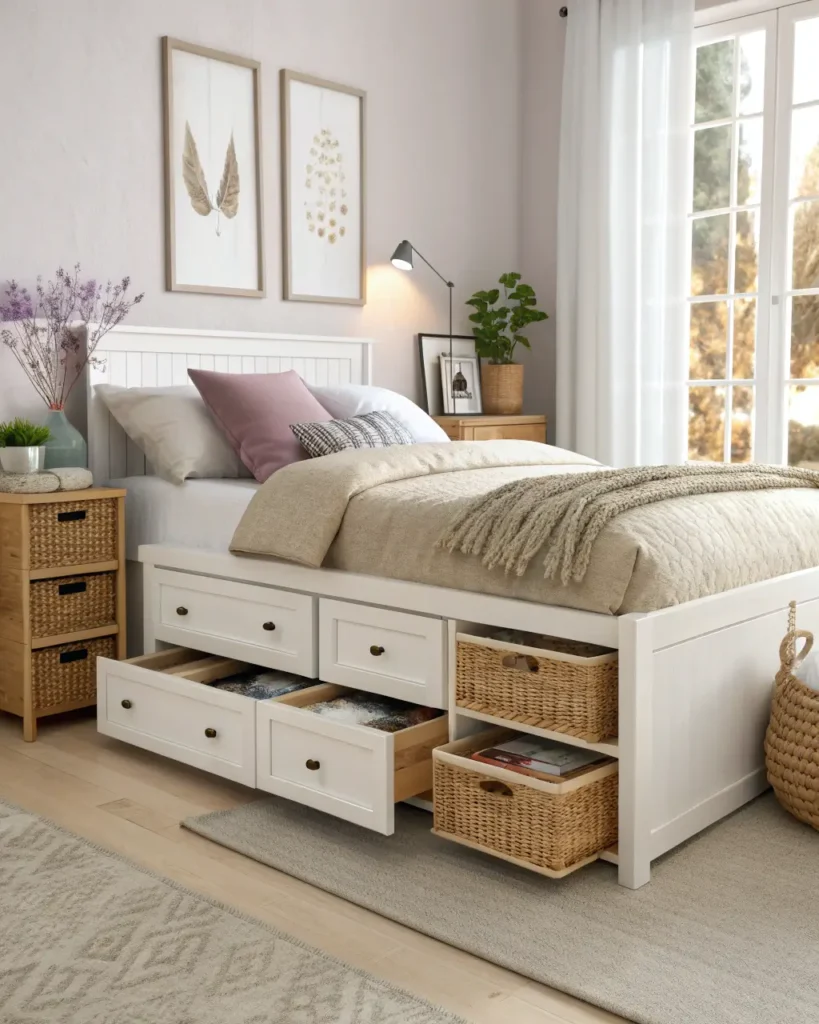Under-bed drawers and woven baskBedside tray with scented candle and headphones paired with soft purple ambient lightets keeping bedroom surfaces clear and cozy