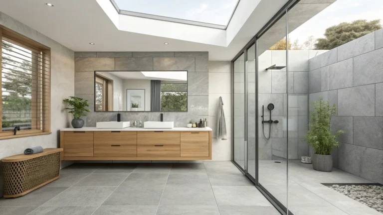12 Bright Minimal Modern Bathroom with Wood Vanity, Gray Tile and Glass Shower, Spa-Like Calm
