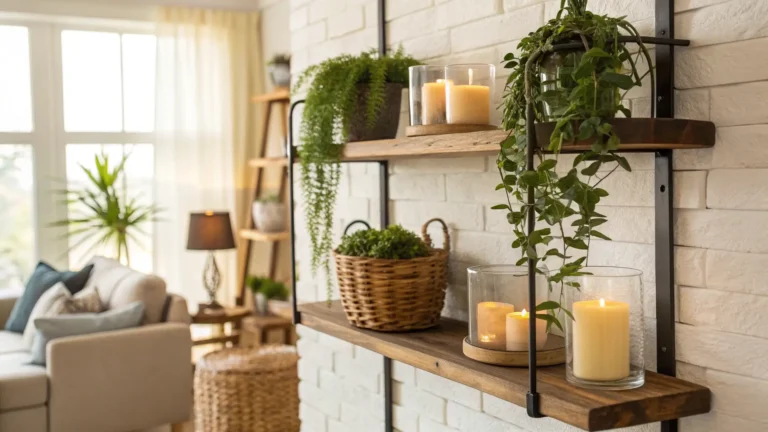 14 Rustic Wall Shelf Ideas with Greenery, Plants, and Warm Candle Decor