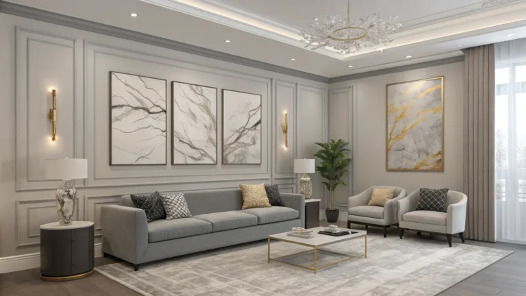 12 Serene Contemporary Gray Living Room with Abstract Art and Neutral Palette, Elegant Modern Calm