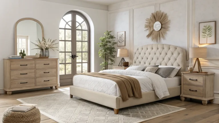 9 Cozy Minimalist Bedroom Ideas with Tufted Bed, Arched Mirror, and Light Wood Dresser, Warm Modern Retreat