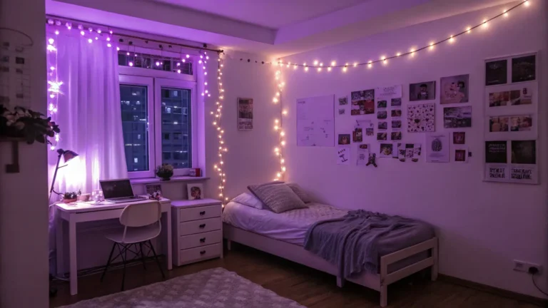 12 Ways to Create a Cozy Aesthetic Bedroom with Purple Lights, Collage Walls & Minimal Furniture