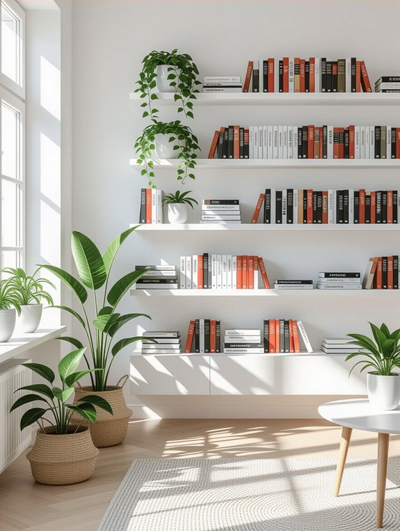 airy white shelves greenery