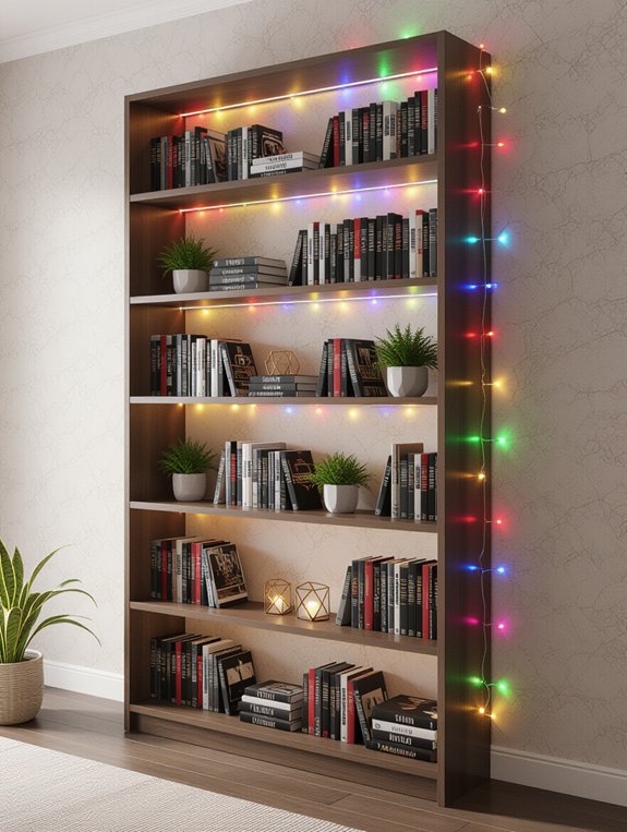 artsy bookshelf with lights