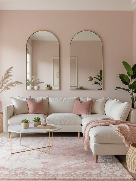 beige sofas pink mirrors