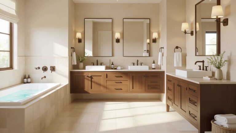 beige tile wooden vanities