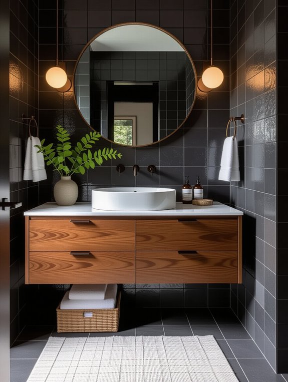 bold gray tiles wood vanity