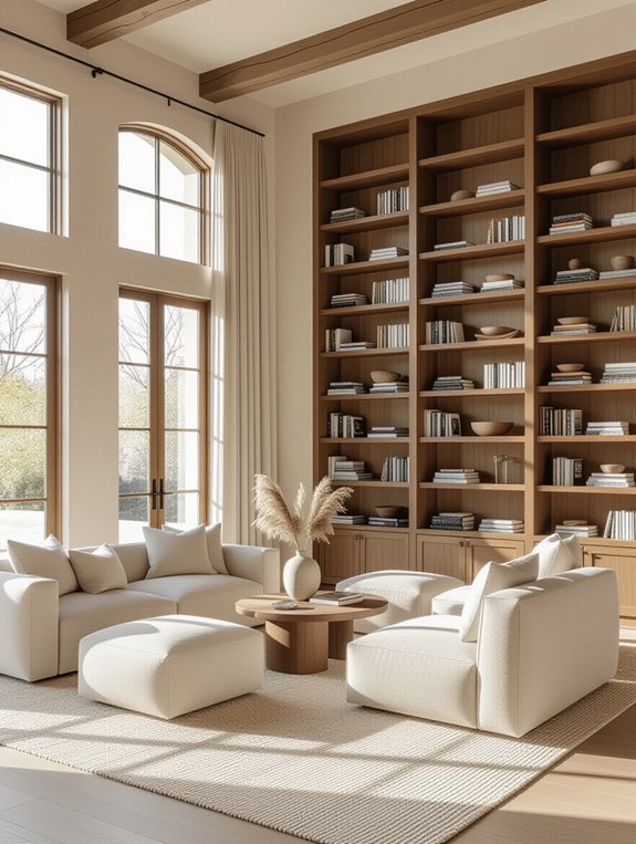 bookshelves framing window spaces