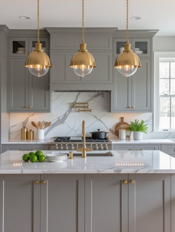 brass lights enhance gray kitchen