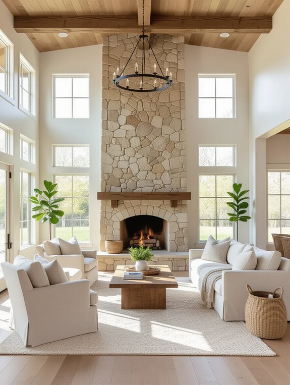 central stone fireplace feature