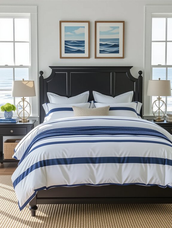 coastal navy striped bedroom