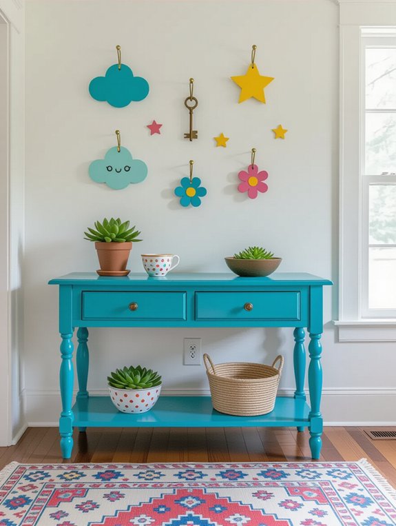 colorful console table hooks