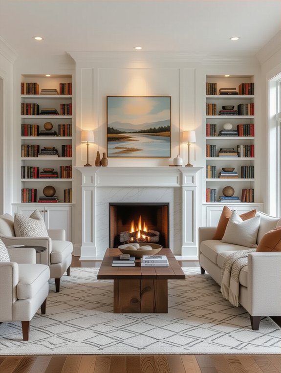 cozy fireplace with shelves