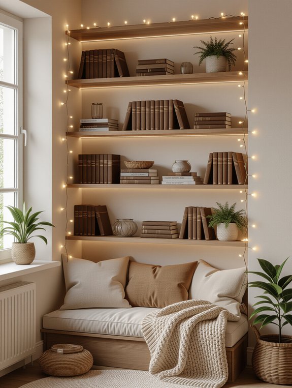cozy illuminated corner bookshelf