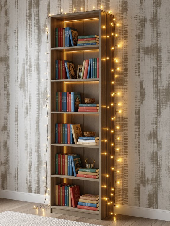 cozy illuminated rustic bookshelf