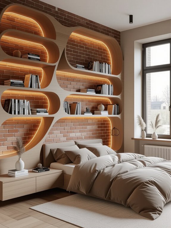 curved shelves enhance brick walls