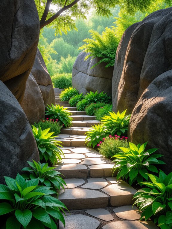 dramatic boulders enhance pathways