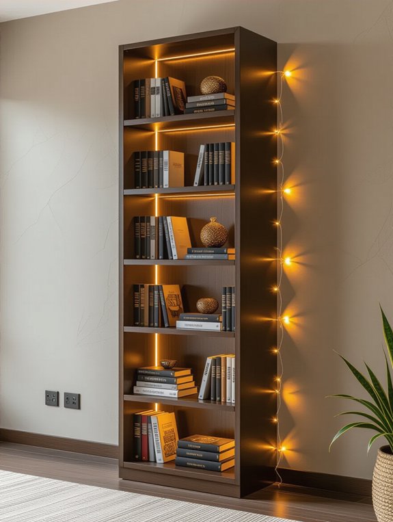 dramatic illuminated bookshelf display