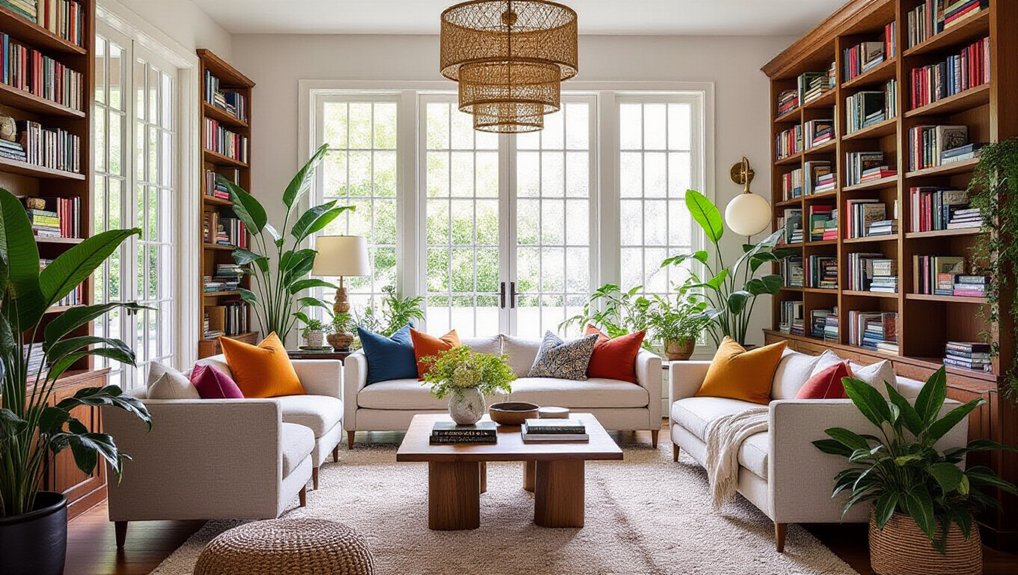 eclectic living room bookshelves