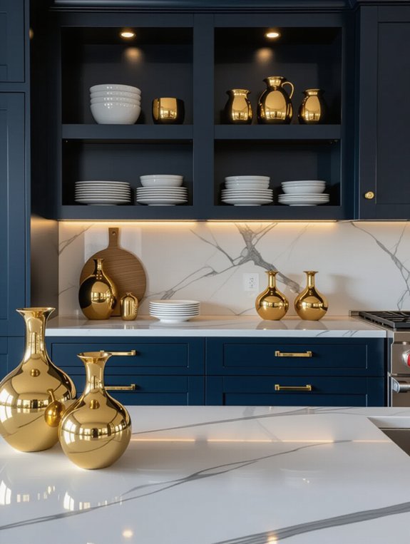 gold accents enhance navy