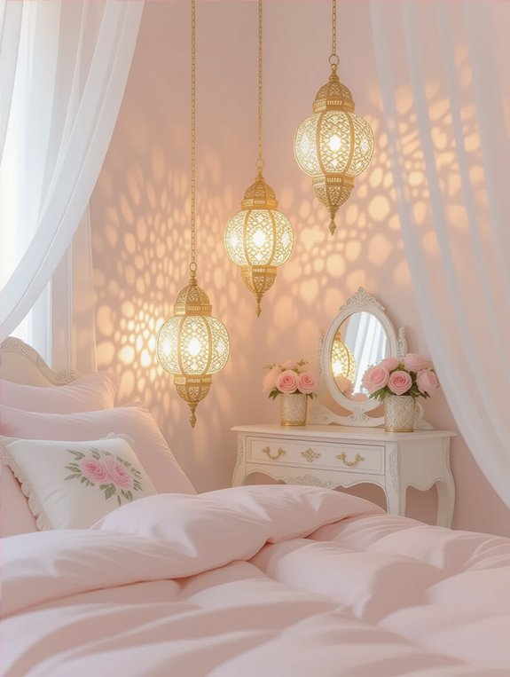 gold lanterns enhance bedroom decor