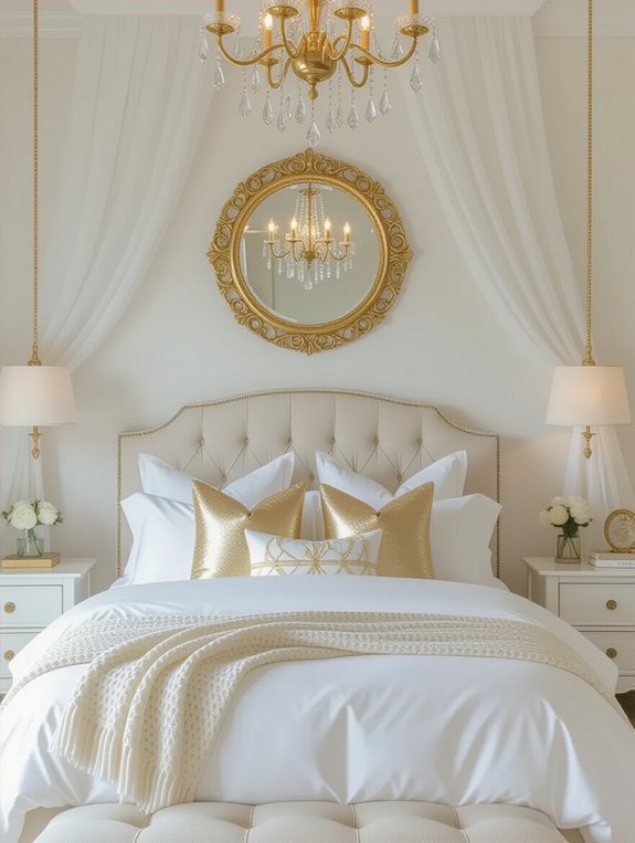 gold mirror above bed