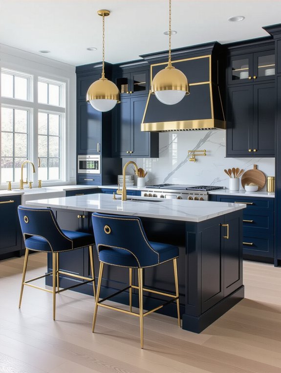 gold stools enhance navy kitchen