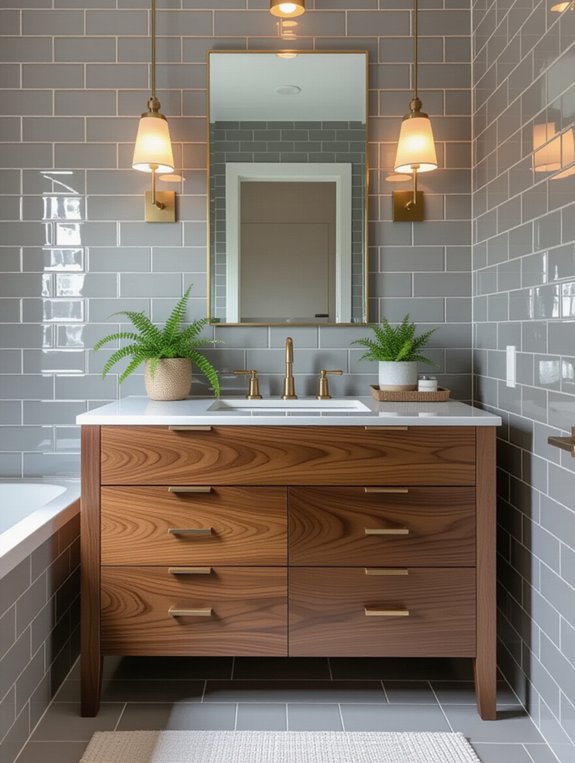 gray tiles wood vanity