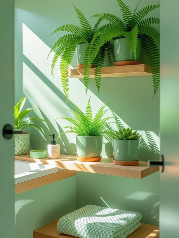greenery on floating shelves