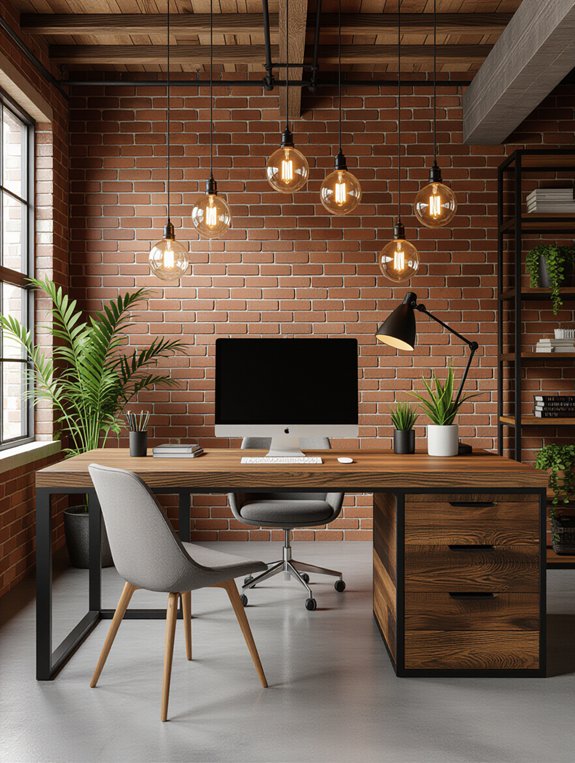 industrial desk with edison bulbs