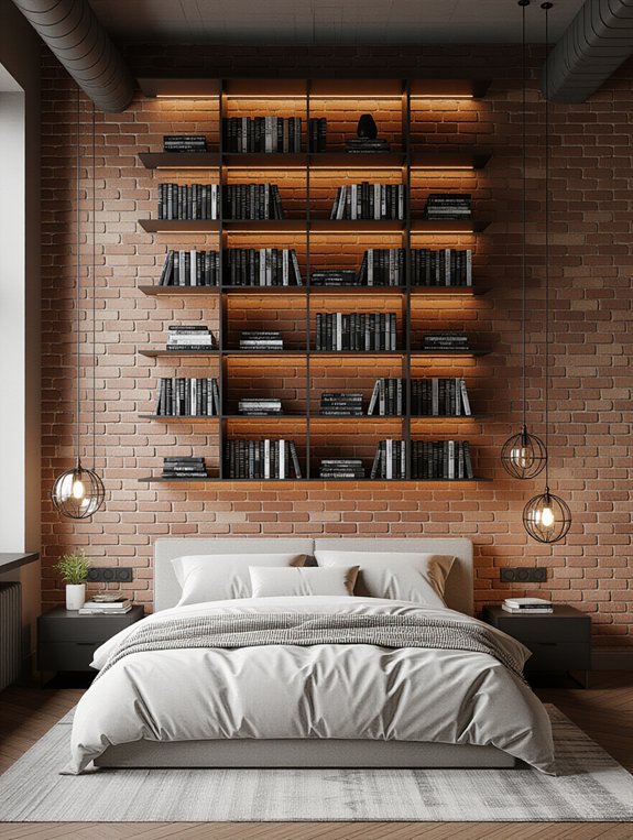 metal bookshelves brick contrast