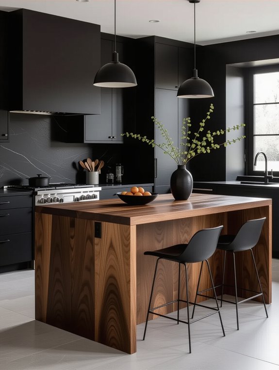 monochrome kitchen with wood island