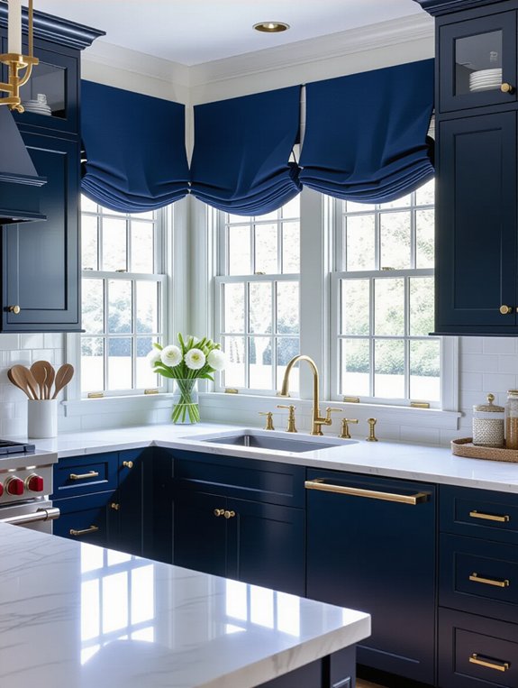 navy blue curtains gold rods
