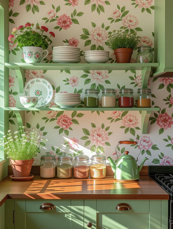 open shelving with green accents