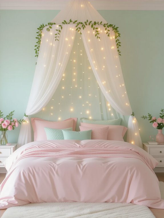 pastel bedding with fairy lights