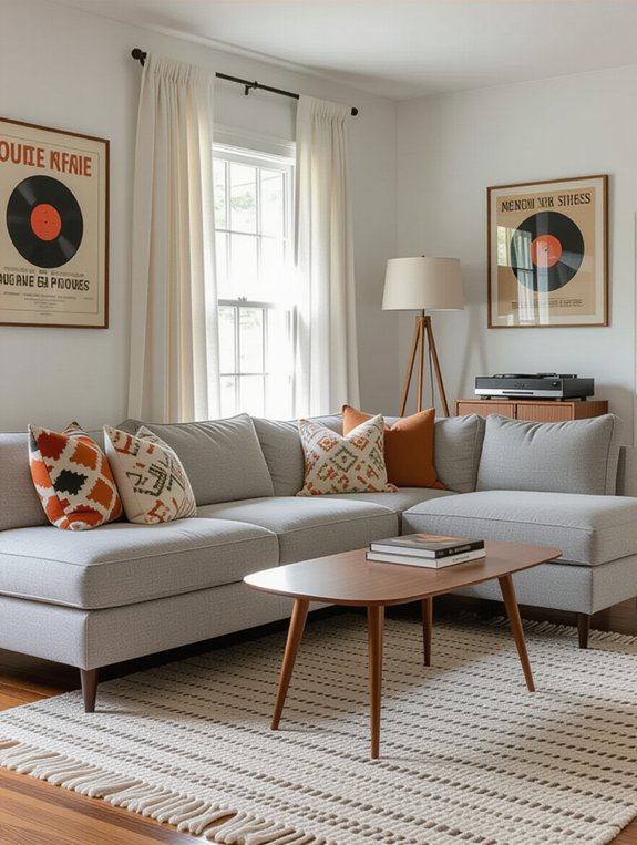 retro decor with gray sectional