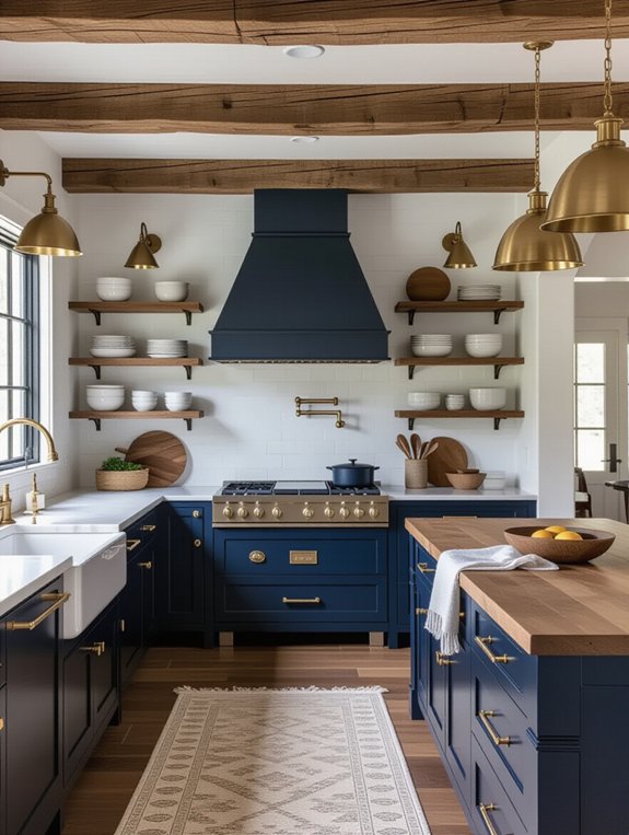 rustic navy gold kitchen