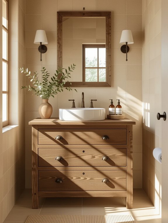 rustic wood and beige tiles